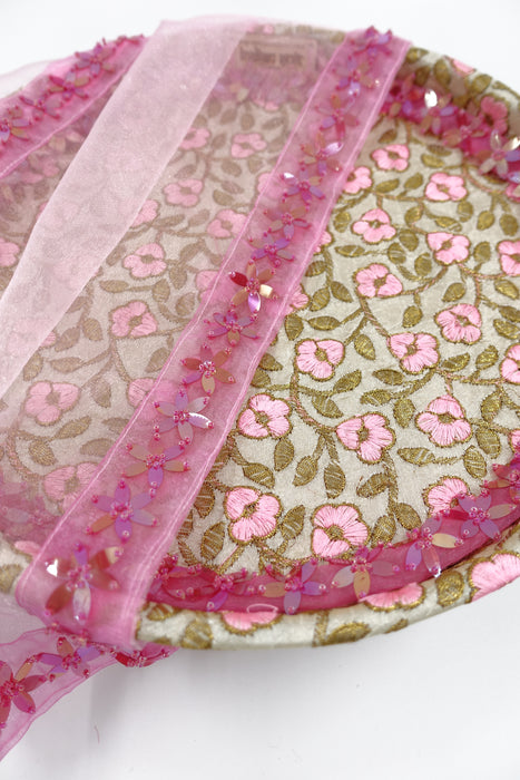 Cream And Pink Floral Tray With Organza Cover With Floral Bead Trim