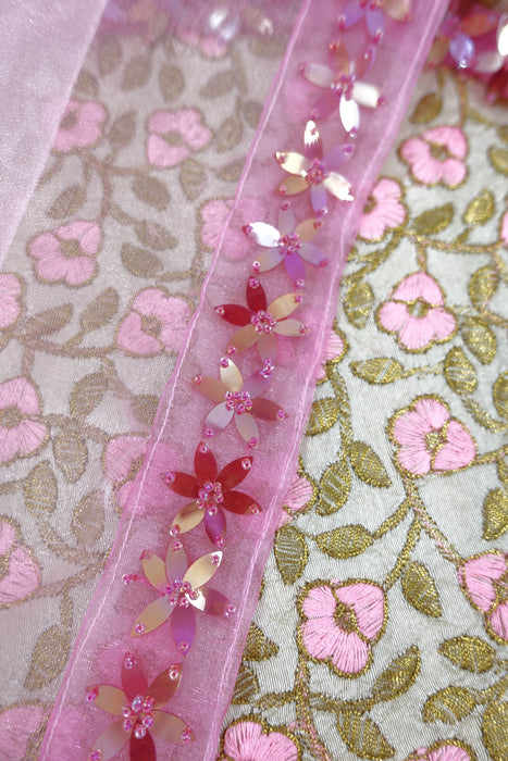 Cream And Pink Floral Tray With Organza Cover With Floral Bead Trim