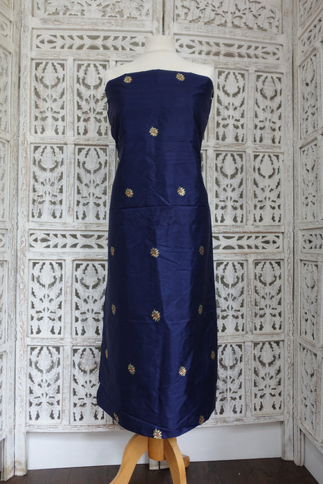 Blue Banarsi Motif Pure Vintage Silk Fabric - 2-3 Metres