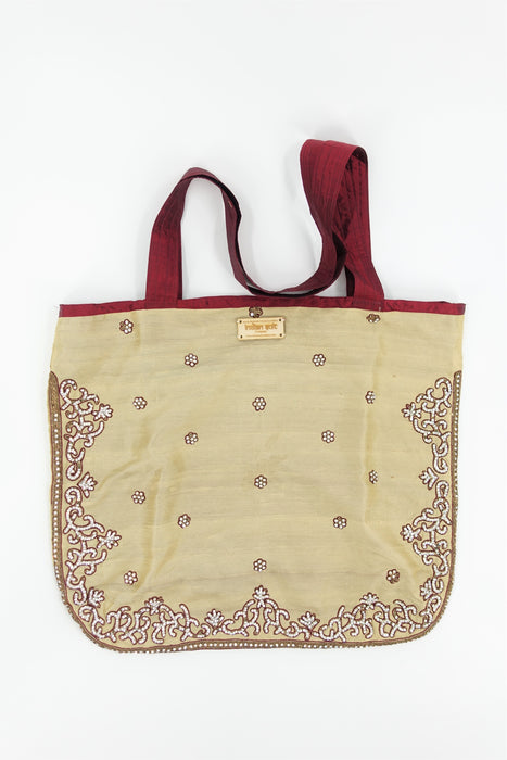 Cream And Maroon Pure Silk Tote Bag