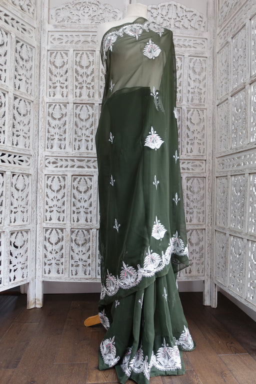 Olive Green Vintage Sari - Preloved - Indian Suit Company