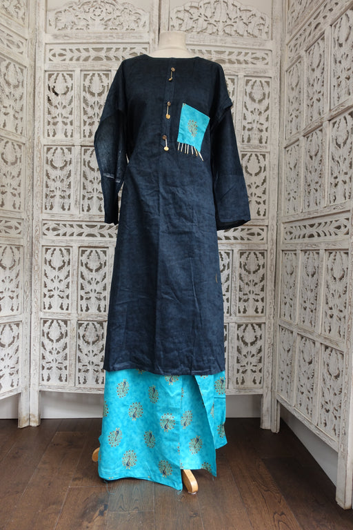 Dark Blue & Peacock Print Sharara UK 18 / EU 44 - New - Indian Suit Company
