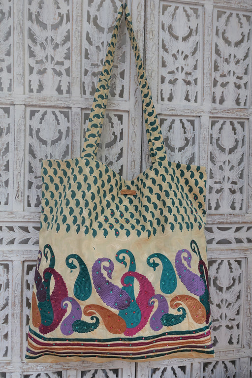 Cream Embroidered Tote Cotton Bag - New - Indian Suit Company