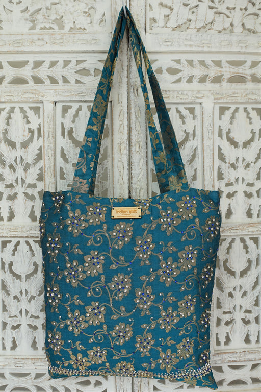 Teal Tote Bag With Diamante Stones - New - Indian Suit Company