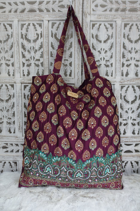 Plum Embroidered Tote Bag - New - Indian Suit Company