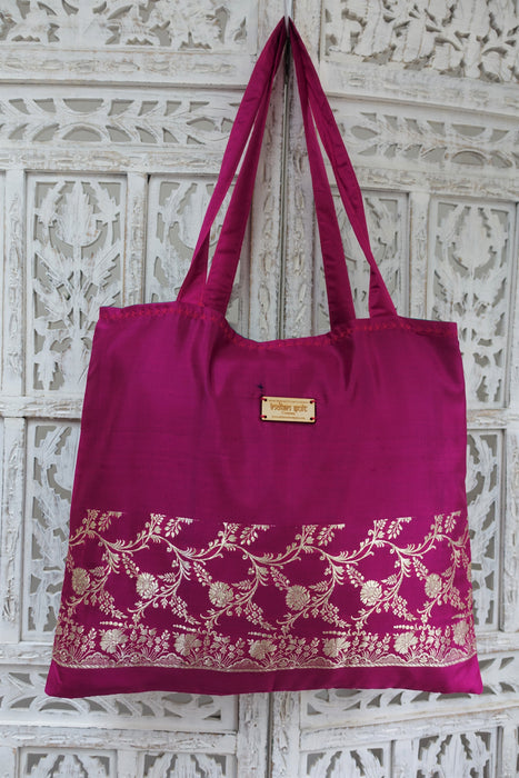 Magenta Vintage Silk Large Tote Bag - Indian Suit Company