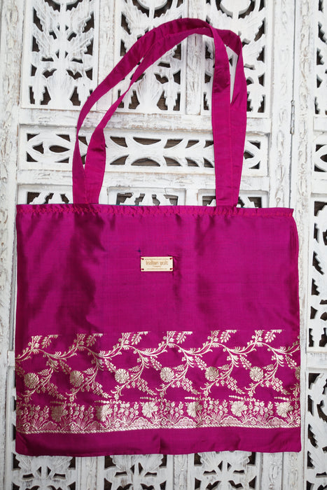 Magenta Vintage Silk Large Tote Bag - Indian Suit Company