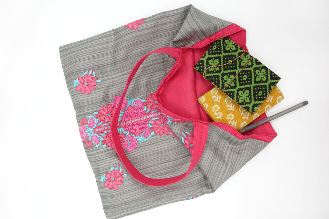 Grey Cotton Embroidered Bag - New
