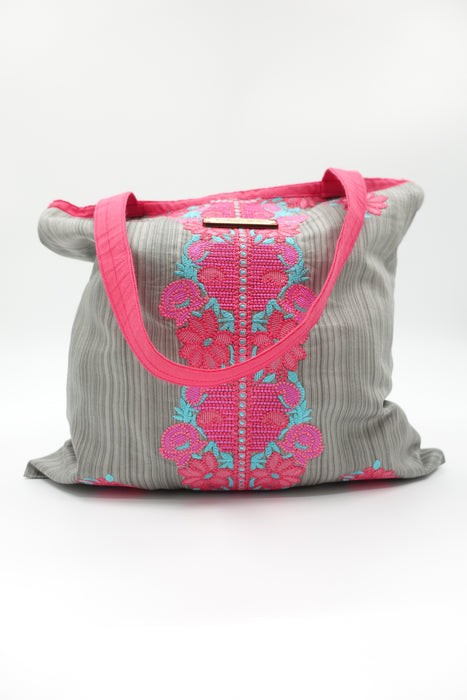 Grey Cotton Embroidered Bag - New