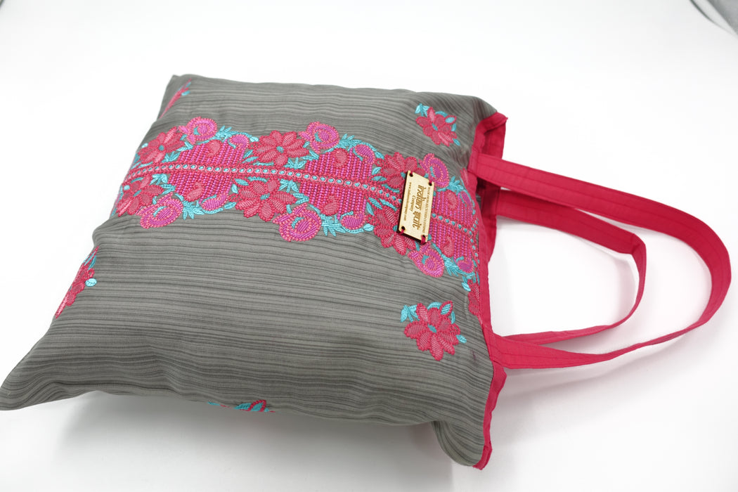 Grey Cotton Embroidered Bag - New