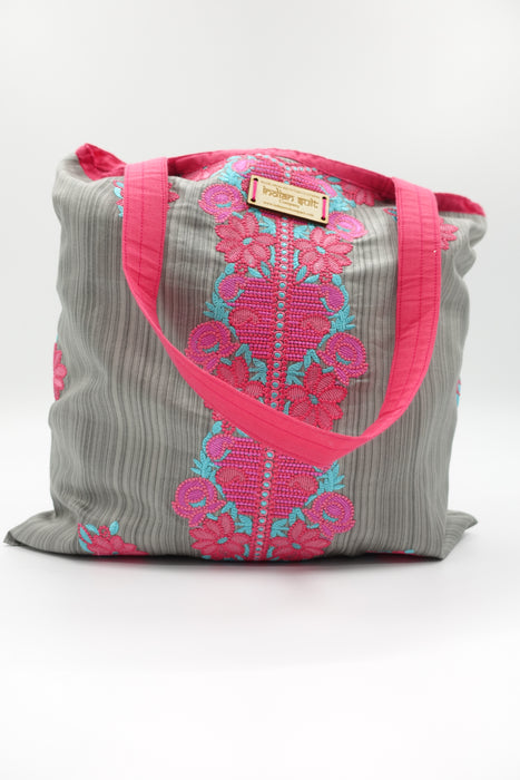 Grey Cotton Embroidered Bag - New