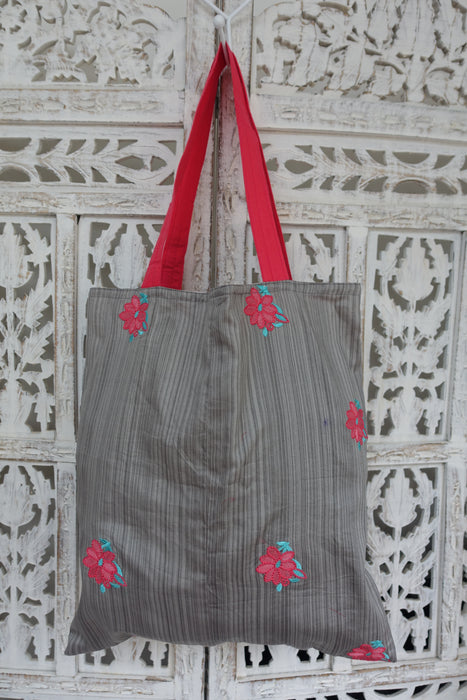 Grey Cotton Silk Embroidered Unlined Bag - New
