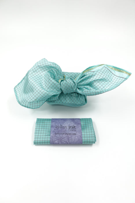 Blue & Maroon Check Pure Silk Gift Wrap - Small - Indian Suit Company