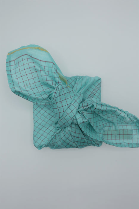 Blue & Maroon Check Pure Silk Gift Wrap - Small - Indian Suit Company