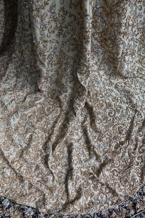 Cream & Navy Silk Wedding Gown Lengha - UK Size 14 / EU 40 - Preloved - Indian Suit Company