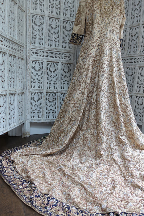 Cream & Navy Silk Wedding Gown Lengha - UK Size 14 / EU 40 - Preloved - Indian Suit Company