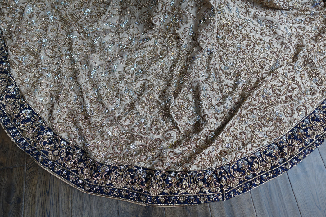 Cream & Navy Silk Wedding Gown Lengha - UK Size 14 / EU 40 - Preloved - Indian Suit Company