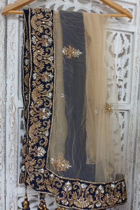 Cream & Navy Silk Wedding Gown Lengha - UK Size 14 / EU 40 - Preloved - Indian Suit Company