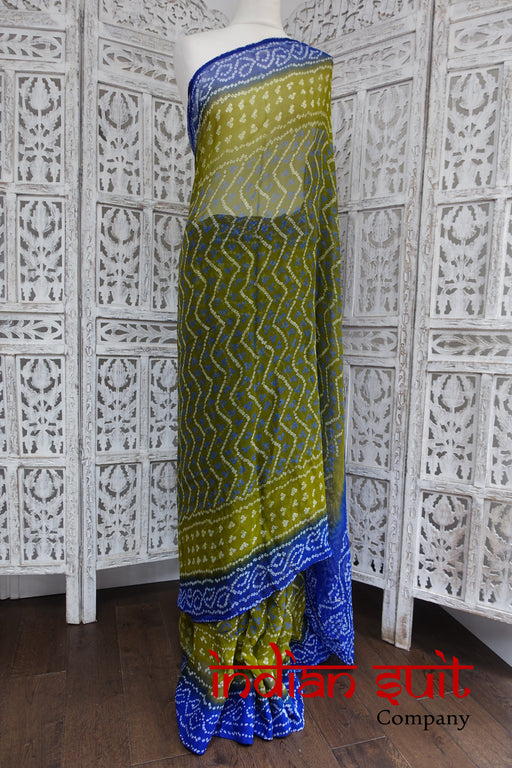 Bandhani Print Blue & Green Sari With 30 Inch Blouse - New - Indian Suit Company