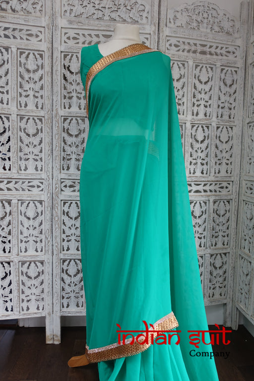 Green Diamante Sari + 41 Bust Blouse - New - Indian Suit Company
