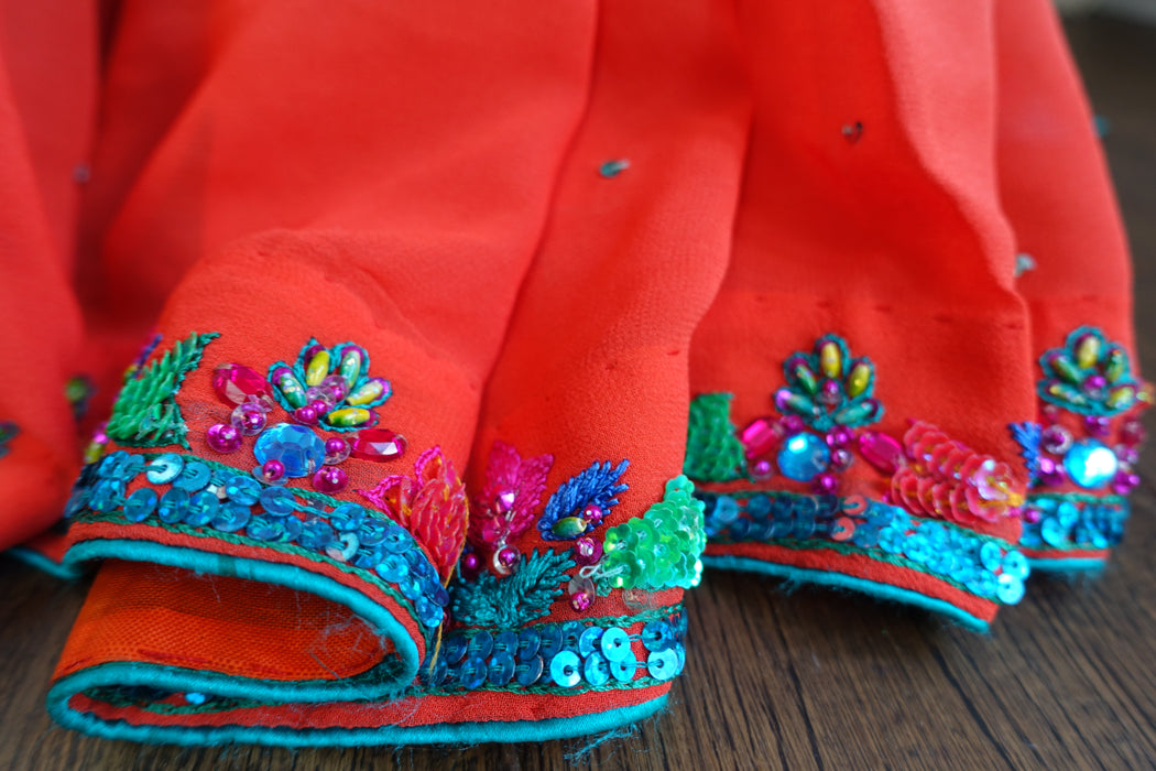 Blue & Orange Silk Chiffon Sari + Blouse - Preloved