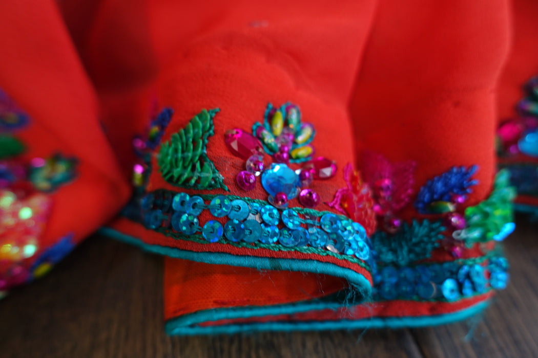 Blue & Orange Silk Chiffon Sari + Blouse - Preloved