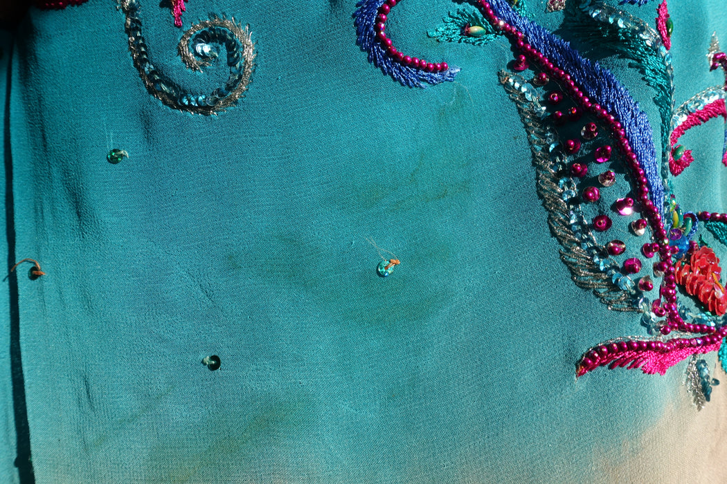 Blue & Orange Silk Chiffon Sari + Blouse - Preloved