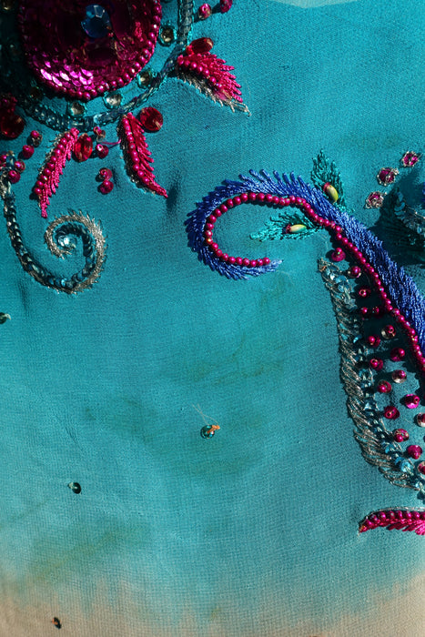 Blue & Orange Silk Chiffon Sari + Blouse - Preloved