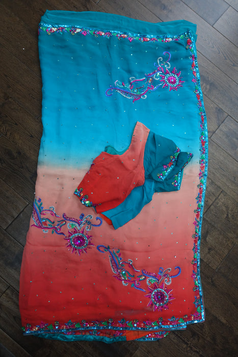 Blue & Orange Silk Chiffon Sari + Blouse - Preloved