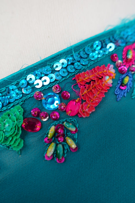 Blue & Orange Silk Chiffon Sari + Blouse - Preloved