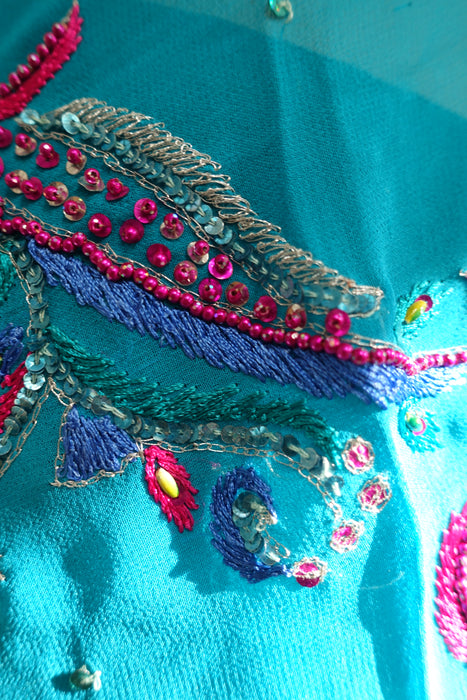 Blue & Orange Silk Chiffon Sari + Blouse - Preloved