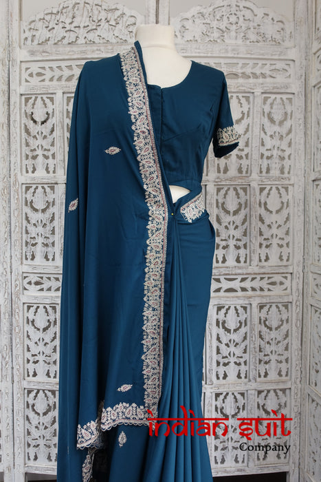 Dark Teal Sari + 39 Bust Blouse Sari - Preloved - Indian Suit Company