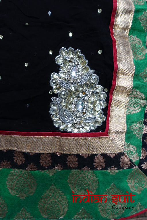 Black, Cream & Magenta Sari + 35 Bust Blouse - Preloved - Indian Suit Company