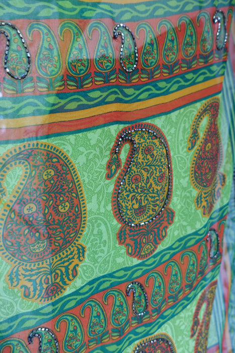 Bright Green Printed Chiffon Sari+ 37 Bust Blouse - Preloved