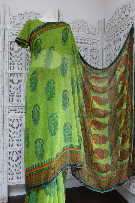Bright Green Printed Chiffon Sari+ 37 Bust Blouse - Preloved