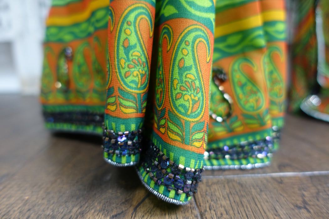 Bright Green Printed Chiffon Sari+ 37 Bust Blouse - Preloved