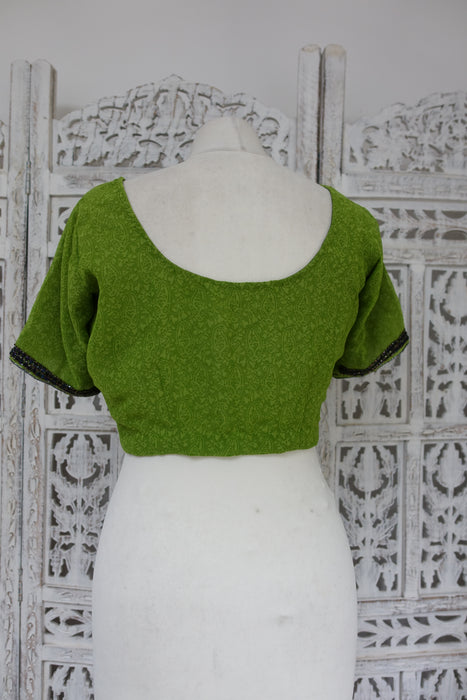 Bright Green Printed Chiffon Sari+ 37 Bust Blouse - Preloved