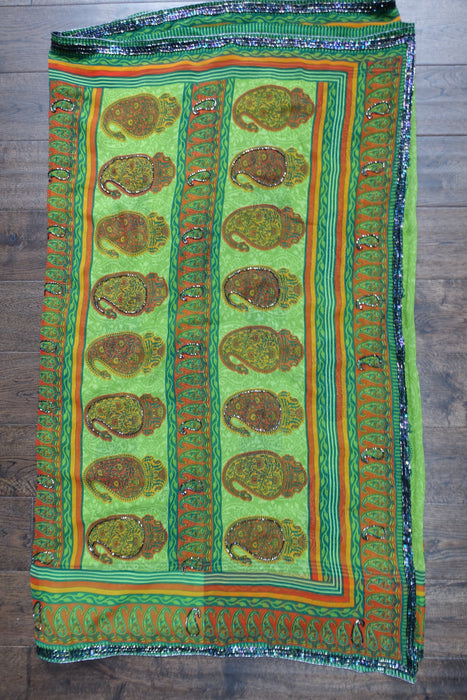 Bright Green Printed Chiffon Sari+ 37 Bust Blouse - Preloved