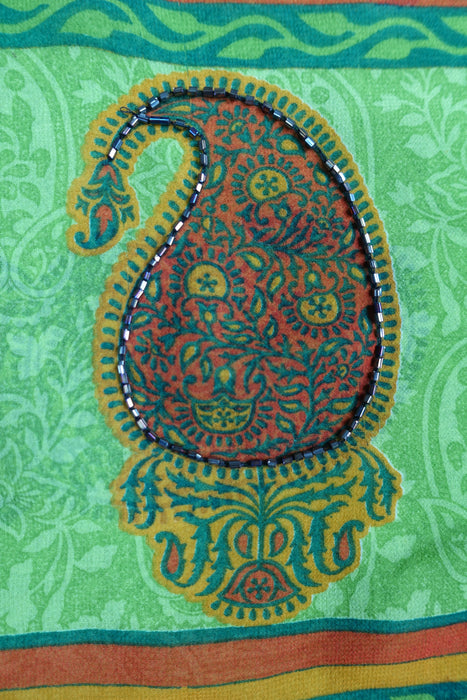 Bright Green Printed Chiffon Sari+ 37 Bust Blouse - Preloved