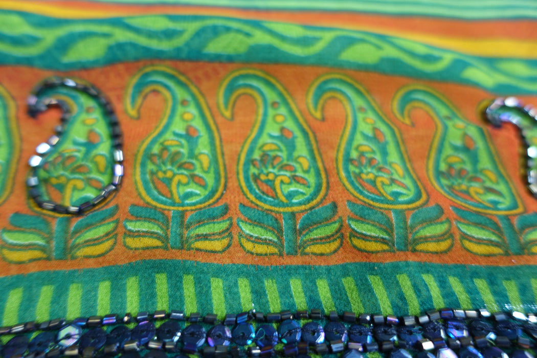 Bright Green Printed Chiffon Sari+ 37 Bust Blouse - Preloved