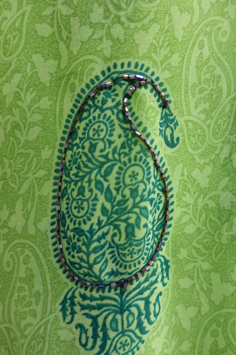 Bright Green Printed Chiffon Sari+ 37 Bust Blouse - Preloved