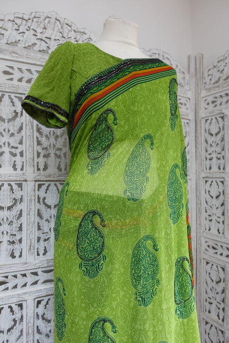 Bright Green Printed Chiffon Sari+ 37 Bust Blouse - Preloved