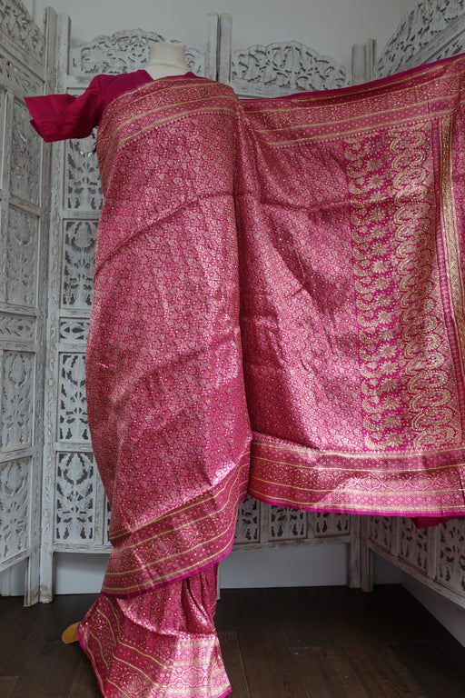 Pink Banarsi Brocade Sari + 33 Bust Blouse New - Indian Suit Company