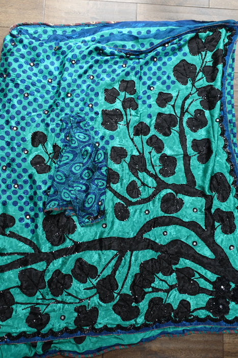 Dark Green Spotty Crepe Sari + 32 Bust Blouse - Preloved - Indian Suit Company