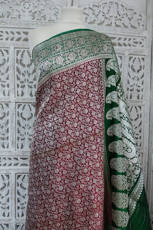 Red & Green Vintage  Banarsi Brocade Sari - Preloved - Indian Suit Company