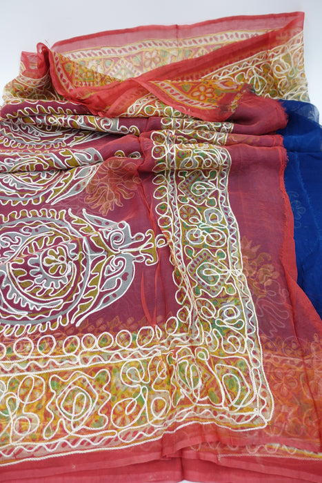 Blue & Red Chiffon Sari New