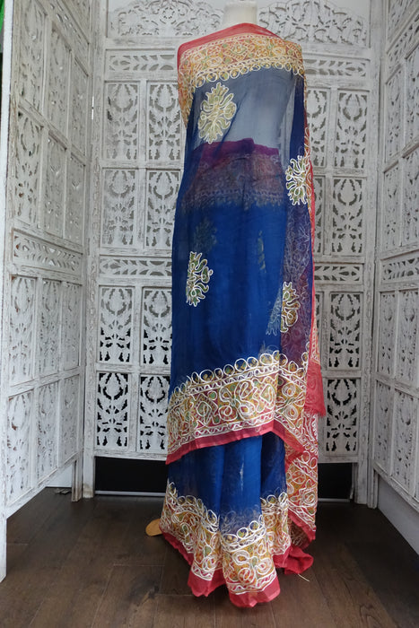 Blue & Red Chiffon Sari New