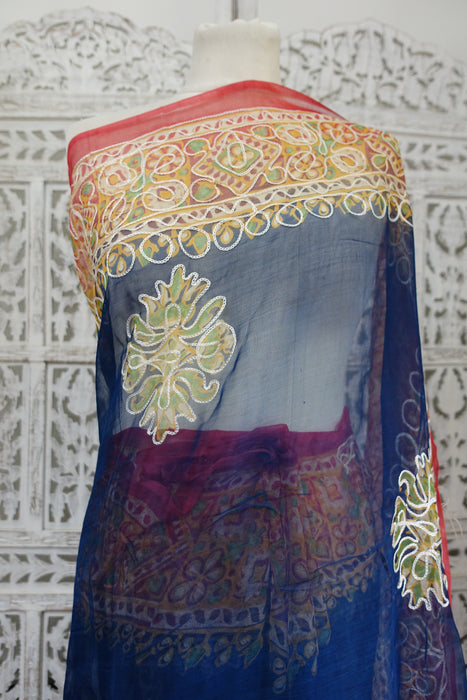 Blue & Red Chiffon Sari New