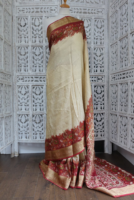 Cream & Red Floral Crepe Sari - New
