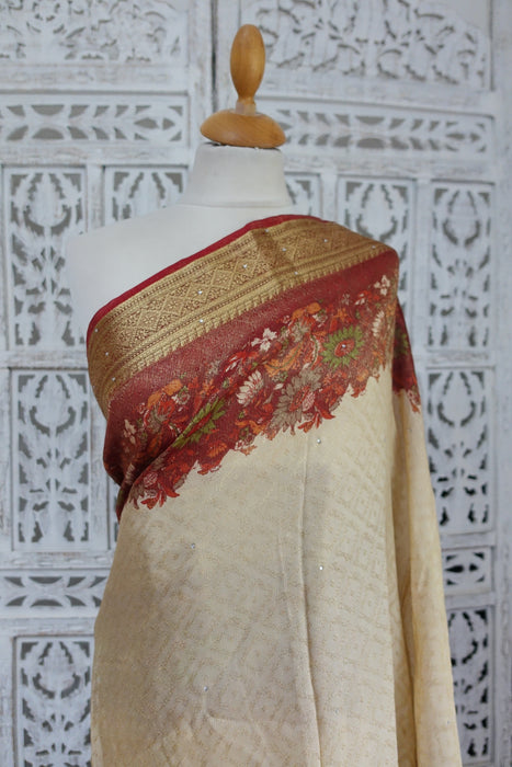 Cream & Red Floral Crepe Sari - New